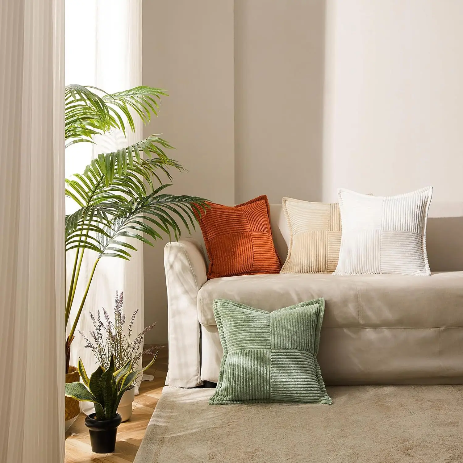 Housse de coussin en velours côtelé rayé uni – orange – Image 3