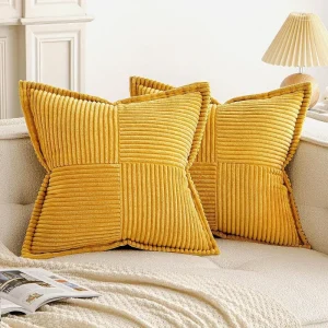 Housse de coussin en velours côtelé rayé uni – jaune or