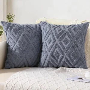Housse de coussin, en fausse fourrure, couleur gris-bleu