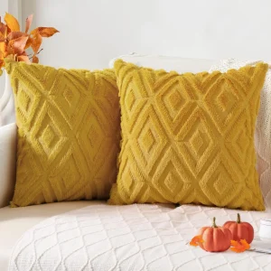 Housse de coussin, en fausse fourrure, couleur jaune moutarde