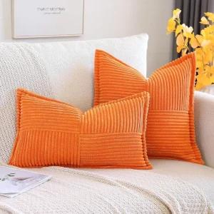 Housse de coussin en velours côtelé rayé uni – orange