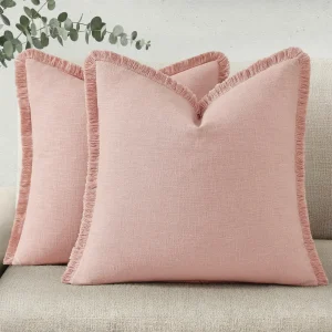 Housses de coussin bohème en lin neutre à franges – lot de 2 – roses