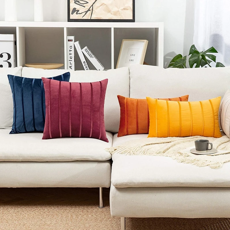 Housse coussin velours – rayures unies – jaune – Image 3