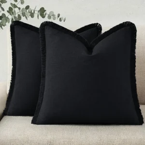 Housses de coussin à franges en lin neutre – lot de 2 - style bohème – noires