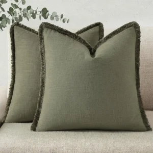 Housses de coussin bohème en lin neutre à franges – lot de 2 – vert olive
